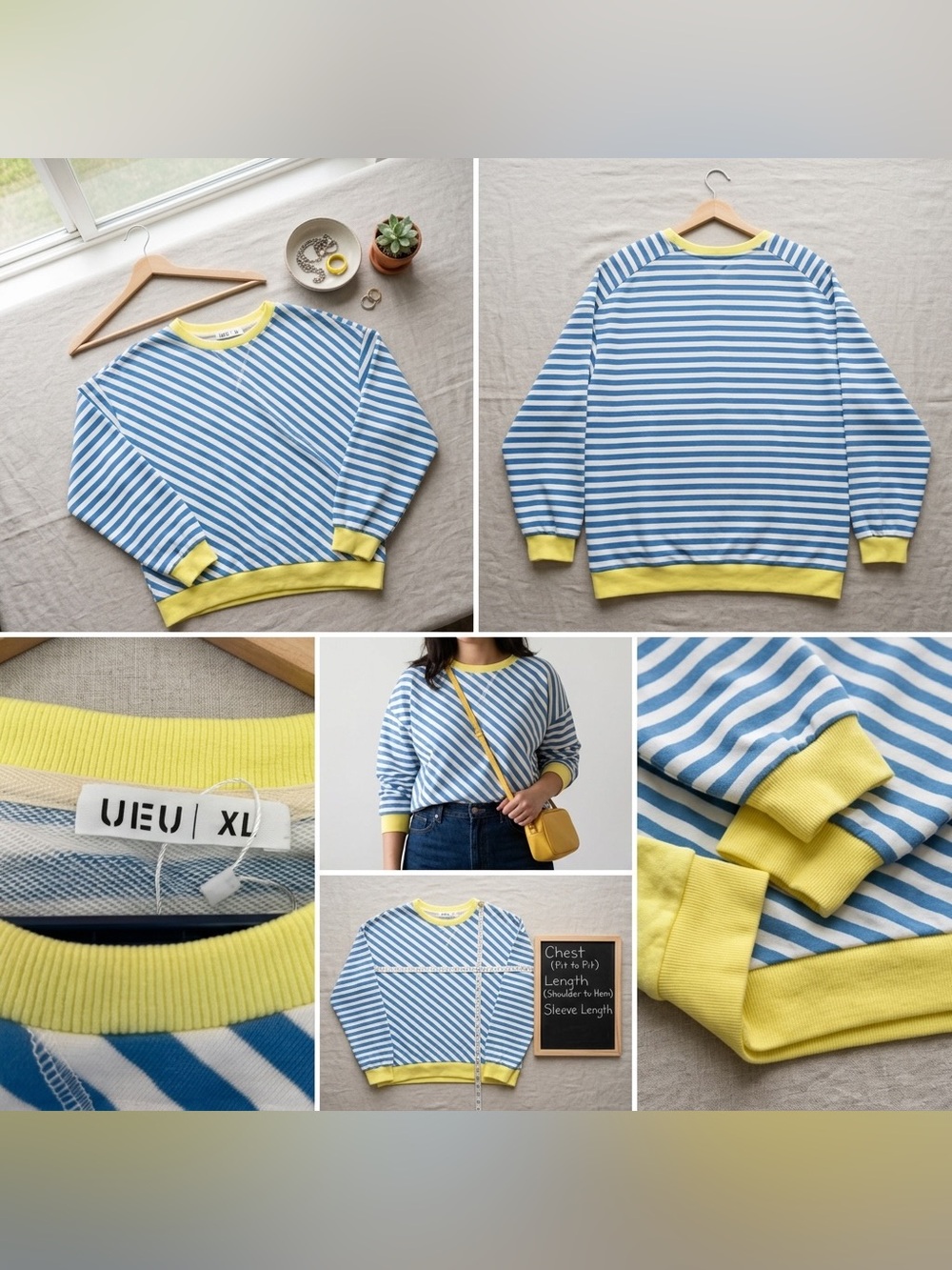 UEU Blue & White Striped Crewneck Sweatshirt Yellow Trim – XL – NWT